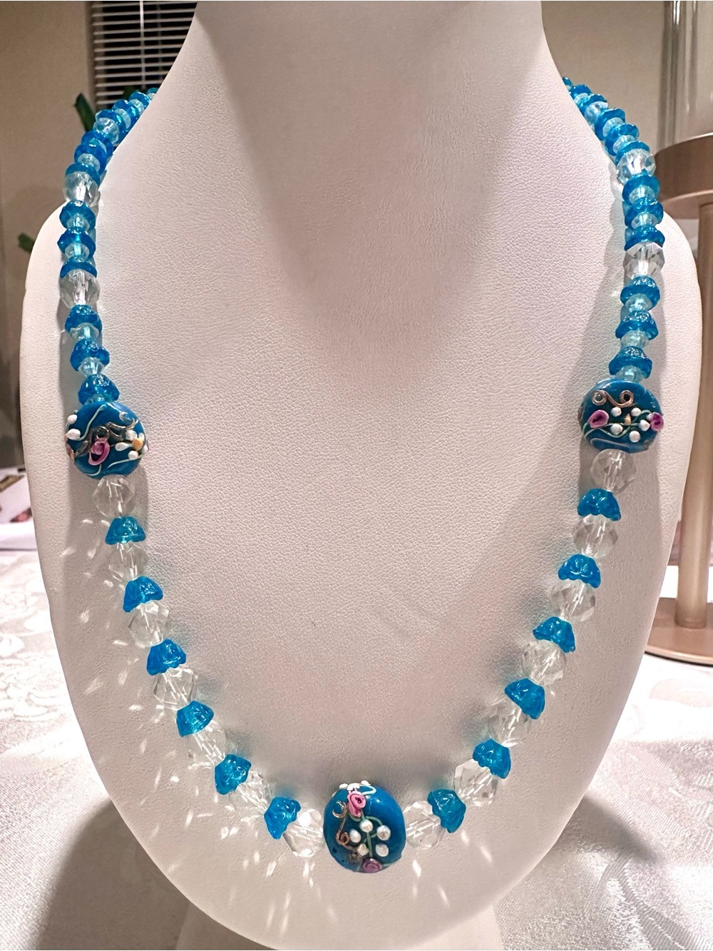 Vintage Murano Venetian Glass Wedding Cake Bead Necklace Blue 21"